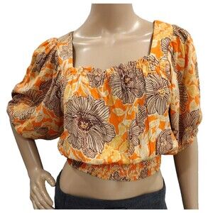 Band Of The Free Women's Medium Orange Yellow Floral Smocked Crop Top Boho Style
